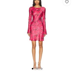 Ganni Pink Satin Floral Long Sleeve Mini Dress